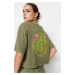 Trendyol Khaki 100% Cotton Faded Effect Back Printed Crop Crew Neck Knitted T-Shirt