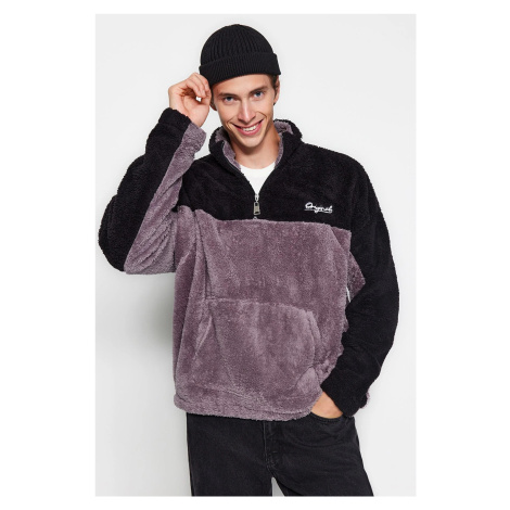 Trendyol Black Unisex Plus Size Oversize/Wide Cut Color Block Embroidered Plush Sweatshirt