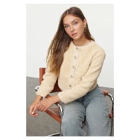 Trendyol Stone Gold Buttoned Plush Crop Knitted Cardigan