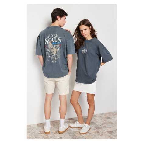 Trendyol Anthracite Oversize/Wide Cut Pale Effect Eagle-Writing Print 100% Cotton T-Shirt