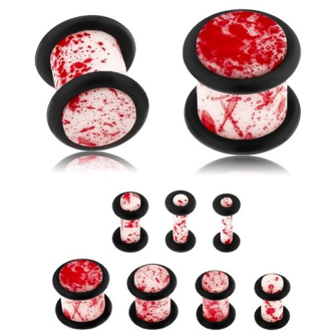 Plug do ucha z akrylu, bílý povrch zdobený červenými skvrnami, gumičky - Tloušťka : 4 mm Šperky eshop