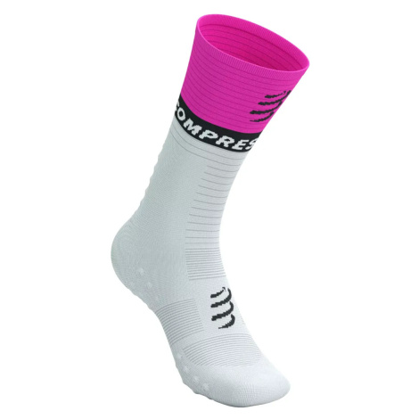 COMPRESSPORT Cyklistické ponožky klasické - MID COMPRESSION V2.0 - bílá/žlutá/růžová