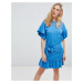 Maison Scootch Tie Front Dress with Ruffle Sleeves-Blue