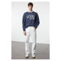 Trendyol Navy Blue Oversize/Wide Cut Polar Fleece Printed Sweatshirt