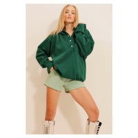 Trend Alaçatı Stili Women's Green Hooded Snap Closure 3 Thread Inner Raising Oversize Sweatshirt