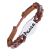 Úzký pletený náramek z kůže - karamelový, známka "PEACE"