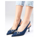 Mio Gusto Alexis Navy Blue Color Denim Fabric Open Back Stone Bow Women Heeled Shoes