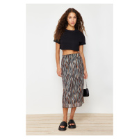 Trendyol Brown Elastic Waist, Printed Midi-Length Lined Tulle Knitted Skirt