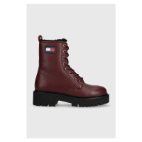 Kožené workery Tommy Jeans TJW URBAN BOOT TUMBLED LTR WL dámské, vínová barva, na plochém podpat