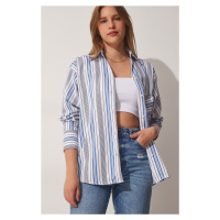 Happiness İstanbul Women's White Blue Striped Oversized Cotton Shirt