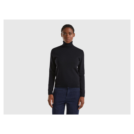 Benetton, Black Turtleneck Sweater In Pure Merino Wool United Colors of Benetton