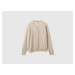 Benetton, Beige Crew Neck Cardigan In Pure Merino Wool