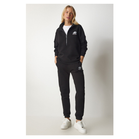 Happiness İstanbul Women's Black Zippered Collar and Rack Knitted Knitted Tracksuit Set