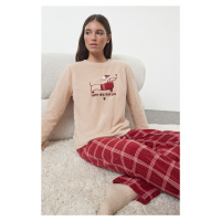 Trendyol Salmon Plaid Christmas Themed Polar Fleece Knitted Pajamas Set