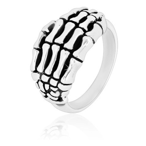 Prsten ze stříbra 925 - detailně tvarovaná kostra ruky, lesklá ramena, patina Šperky eshop