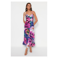 Trendyol Multicolored Flower Print Straight Cut Strap Midi Satin Woven Dress