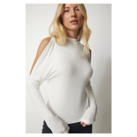Happiness İstanbul Women's Ecru Stand-Up Collar Knitwear Blouse with Decollete