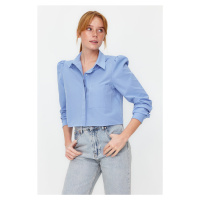 Trendyol Light Blue Shoulder Detailed Crop Fitted Waist-Catted Patterned Woven Shirt
