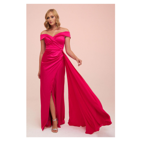 Carmen Fuchsia Satin Long Evening Dress with Side Tail and Slit