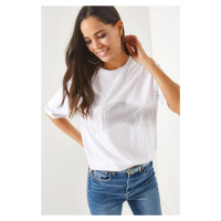 Olalook Women's White Oversized T-Shirt with Chain Garnish