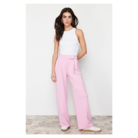 Trendyol Pink Hook and Loop Closure High Waist Pleated Wide Leg/Wide Cut Knitted Trousers