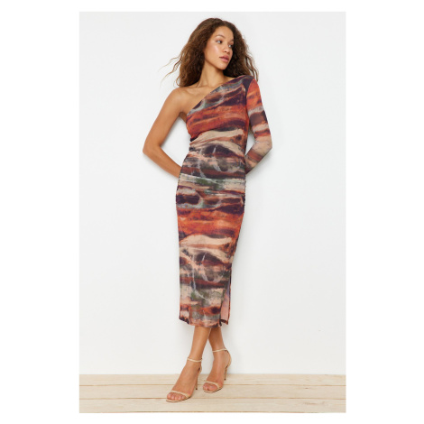 Trendyol Multi-colored Fitted/Sticky Draped One-Shoulder Maxi Knit Dress with Tulle Liner