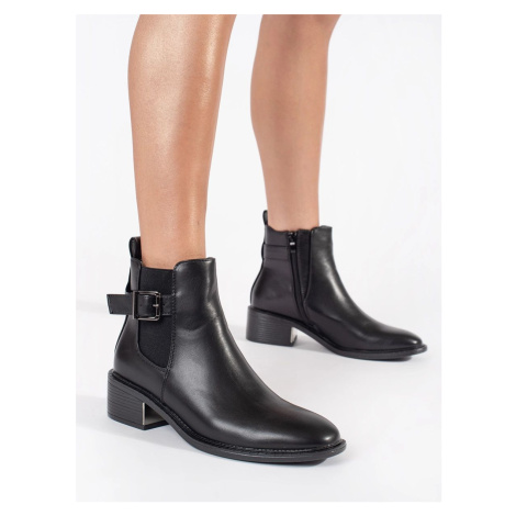 Exkluzívní dámské černé kotníkové boty na širokém podpatku