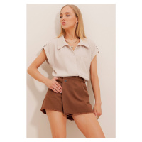 Trend Alaçatı Stili Women's Double Breasted Short Sleeve Textured Shirt With Stone Cuff