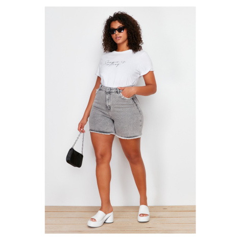 Trendyol Curve Gray Pocket and Leg Tassel Detail Mini Denim Shorts