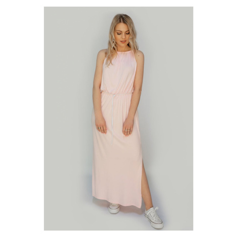 Růžové dlouhé šaty na ramínka (594ART)