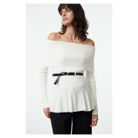 Trendyol Ecru Belted Carmen Collar Knitwear Sweater