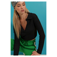 Trend Alaçatı Stili Women's Black Polo Neck Corduroy Soft Textured Crop Top