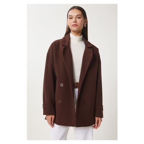 Happiness İstanbul Women's Brown Double Breasted Lapel Stamp Coat