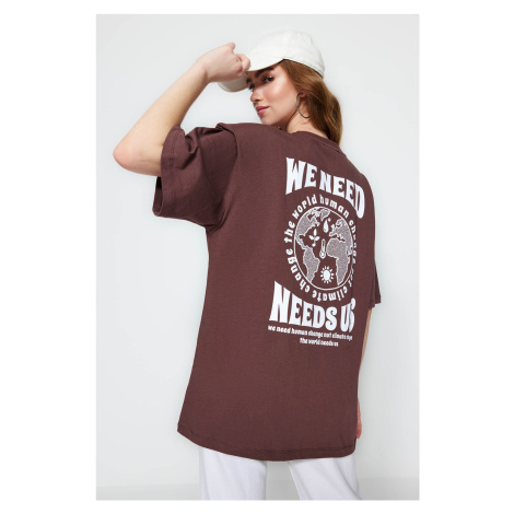 Trendyol Brown 100% Cotton Front and Back Printed Oversize/Wide Pattern Knitted T-Shirt