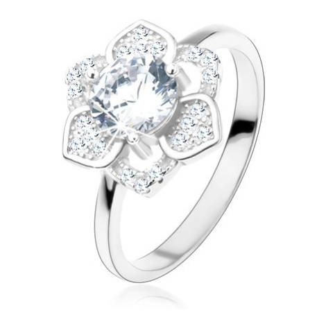 Prsten, stříbro 925, blyštivý květ, broušený čirý zirkon, hladká ramena Šperky eshop