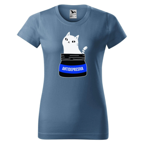 DOBRÝ TRIKO Dámské tričko s potiskem s kočkou ANTIDEPRESIVA Barva: Denim