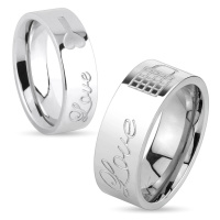 Lesklý ocelový prsten stříbrné barvy, nápis Love a zamknutý zámeček, 8 mm