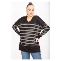 Şans Women's Plus Size Black Stripe Pattern V-Neck Viscose Tunic
