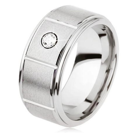 Wolframový prsten stříbrné barvy se zářezy, matný šedý povrch, zirkon Šperky eshop