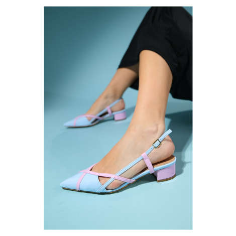 LuviShoes STEVE Blue-Pink Patent Leather Women's Low Heel Sandals