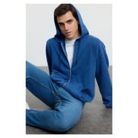 Trendyol Indigo Oversize/Wide Cut Hooded Vintage/Faded Effect Basic Zipper Cardigan/Sweatshirt