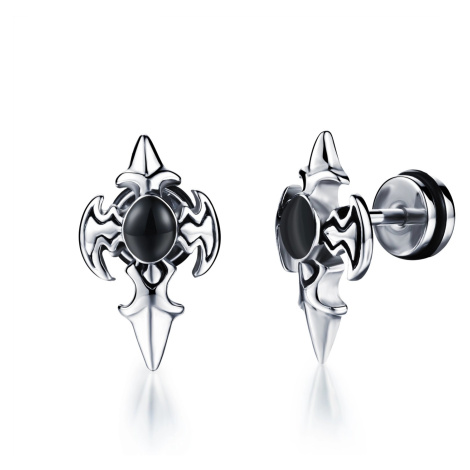 Ocelový falešný piercing do ucha - halapartna, černý ornament, stříbrná barva Šperky eshop