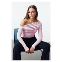 Trendyol Pink Gathered/Draped Detailed Fitted/Body-Smoothing Long Sleeve Flexible Knitted Blouse