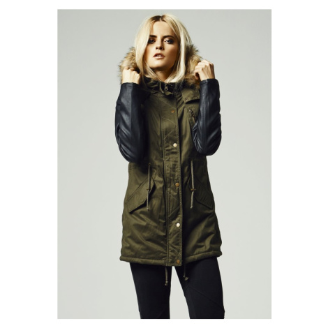 Ladies Synthetic Leather Sleeve Parka - olv/blk