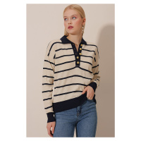 HAKKE Polo Neck Gold Buttons Striped Knitwear BLOUSE