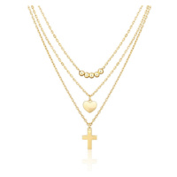 Trojitý stříbrný pozlacený náhrdelník křížek a srdíčko STNAH160F