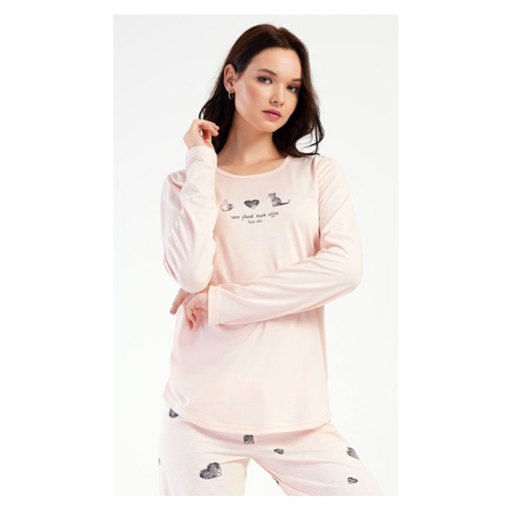 Dámské pyžamo dlouhé Kočka - světle lososová Vienetta Secret