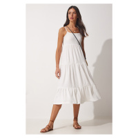 Happiness İstanbul Women's White Halter Pleated Summer Knitted Dress