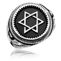 Mohutný prsten stříbrné barvy, ocel 316L, Davidova hvězda v černém kruhu
