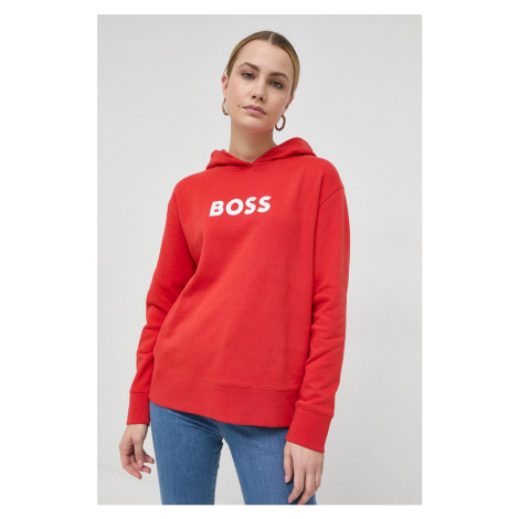 Bavlněná mikina BOSS dámská, červená barva, s kapucí, s potiskem, 50468367 Hugo Boss